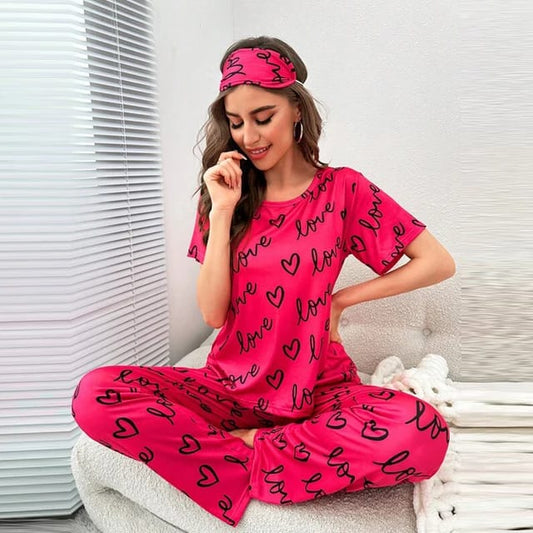 019 Shocking Pink love Printed Half sleeves Night Suit