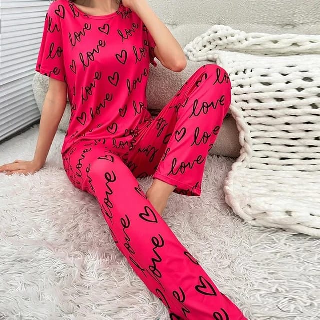 019 Shocking Pink love Printed Half sleeves Night Suit