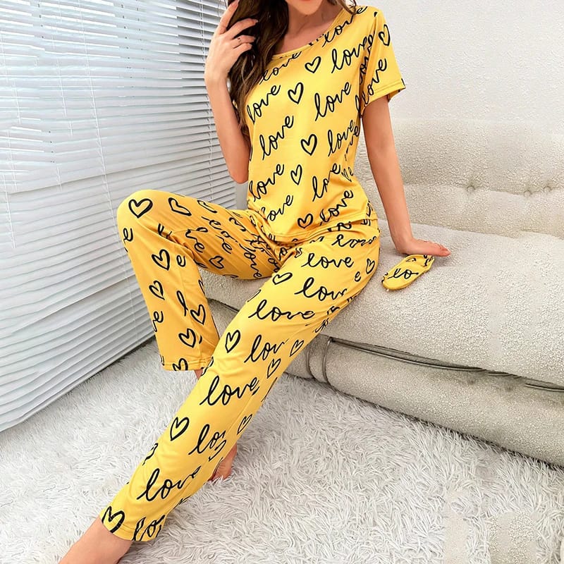 019 Yellow Love Printed half T-shirt with Trouser Suit