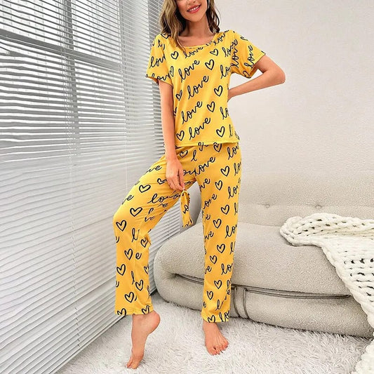 019 Yellow Love Printed half T-shirt with Trouser Suit