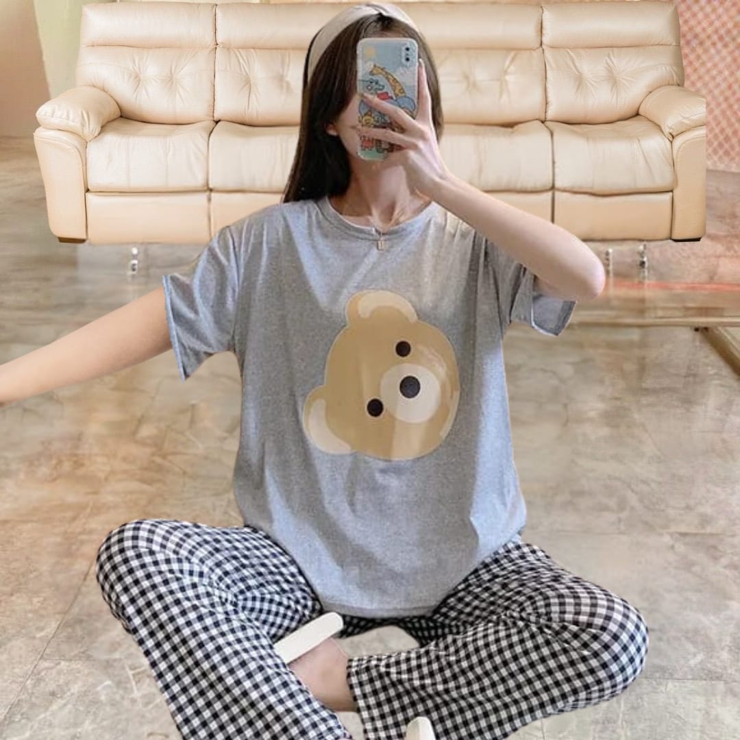 011 Grey Bear Printed half sleeves T-shirt with Check Trouser Suit