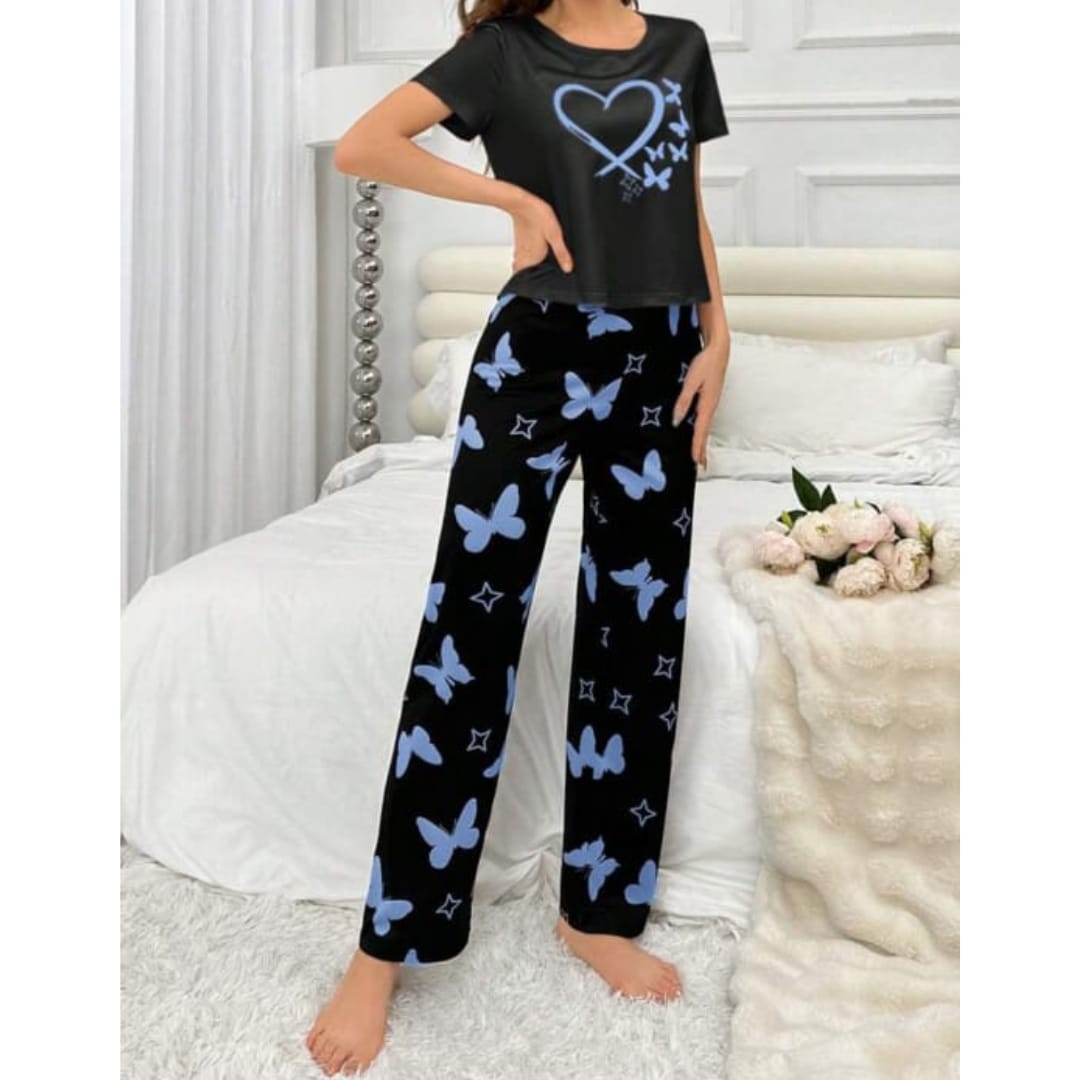 014 Black with Blue Hearts butterfly pajama Printed Night wear