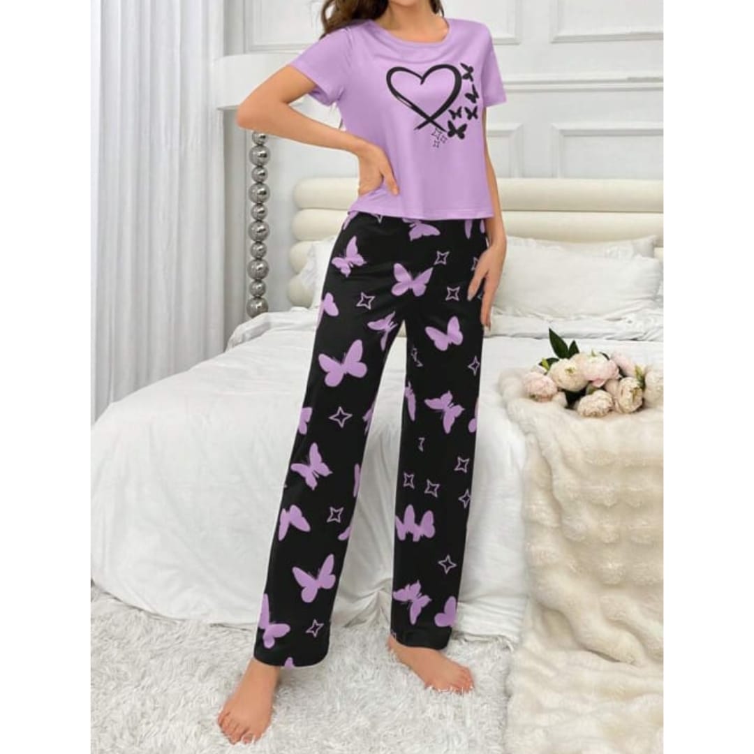 014 Purple with Black Hearts butterfly pajama Printed Night wear