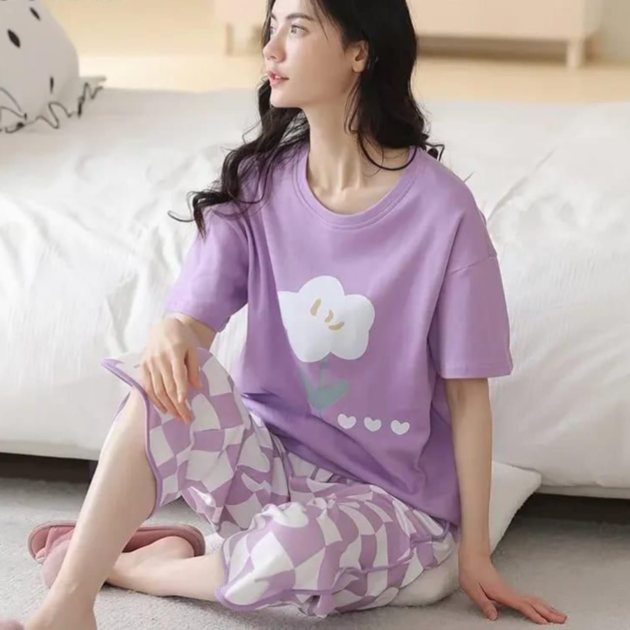 005 Purple Flower Print Half Sleeves T-shirt With Printed Trouser Suit