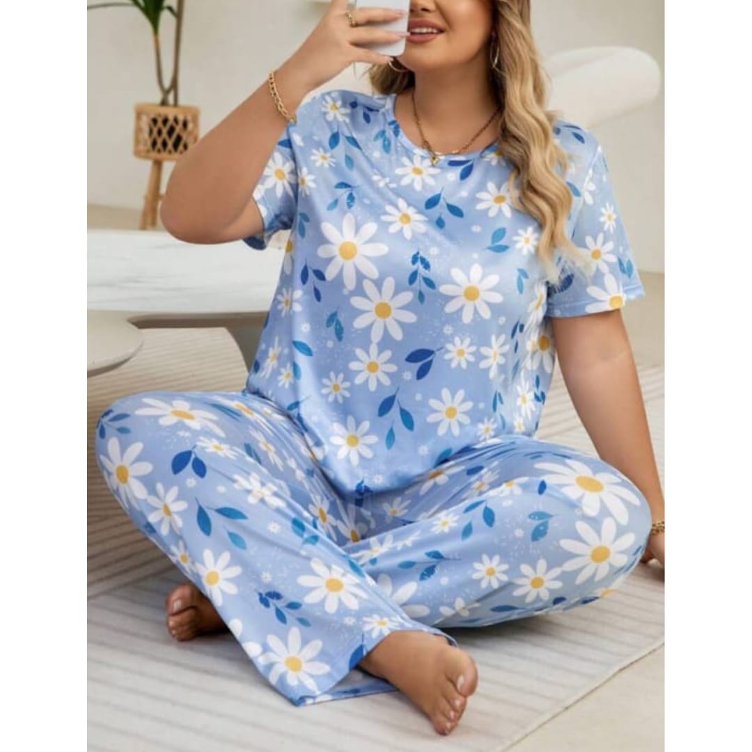 0000 Sky Blue Flowers Print Half Sleeves T-shirt With Flowers Print Pajama Suit