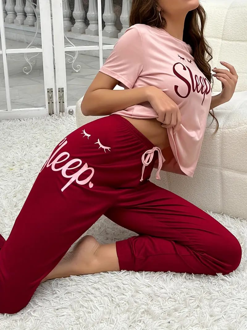 013 Pink Sleep Print half Sleeves T-shirt With Sleep Print Pajama Suit