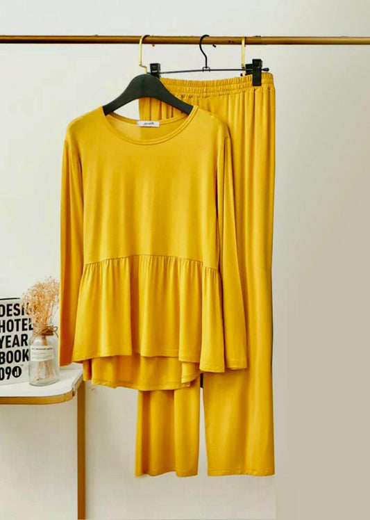 Plain Yellow Frill Style with Palazzo Style Pajama Full Sleeves Suit for Her