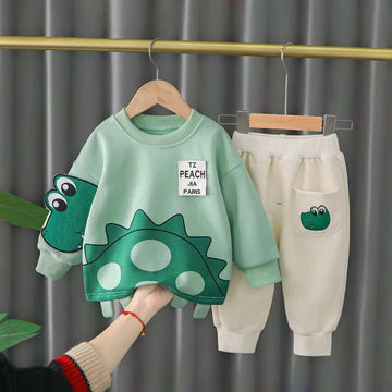 0001 Green Dinosaur Print Sweatshirt With Off White Trouser For Kids