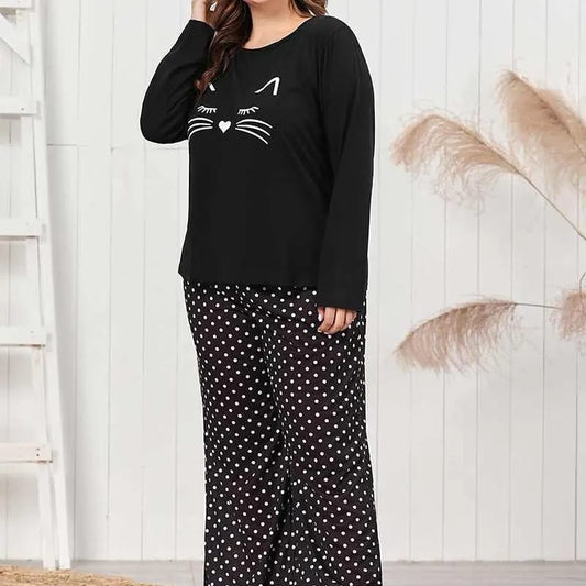 026 Black Cat with Dotted Style Pajama Half Sleeves Night Suit for her