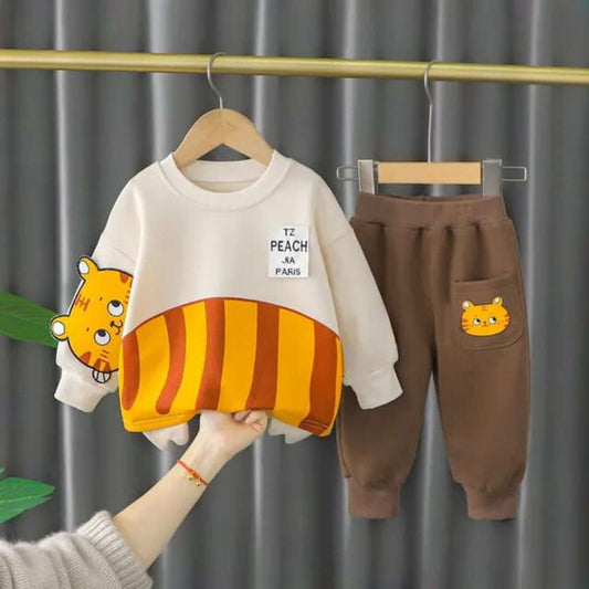 001 Off White Cute Cat Print Sweatshirt With Brown Trouser For Kids