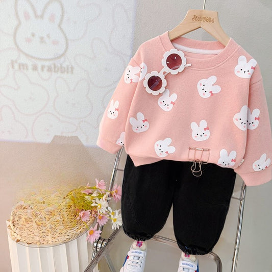 0001 Baby Pink Baby Small Rabbit Print Sweatshirt With Black Trouser For Kids