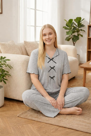 0000   Hazel Grey V-Neck Three Bow Design Half Sleeves With Matching Pajama night suit For Her
