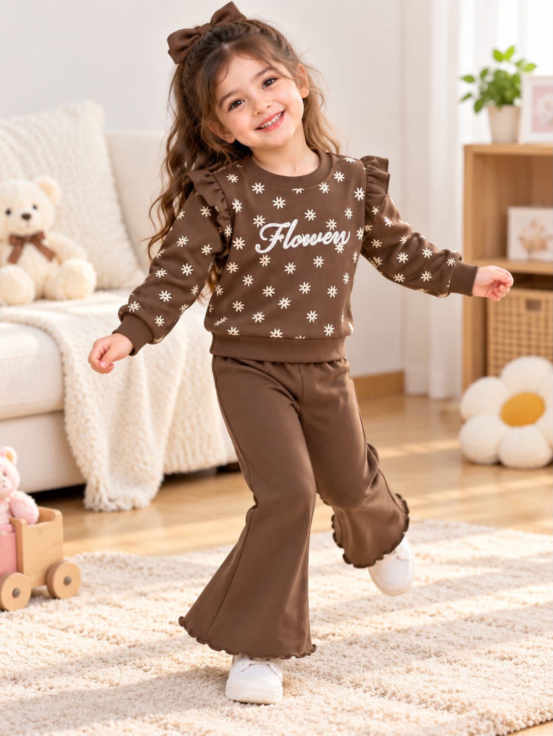 0000            Brown All Over Flower Printed Frill Style Sleeves Sweatshirt With Bell Bottom Trouser Tracksuit