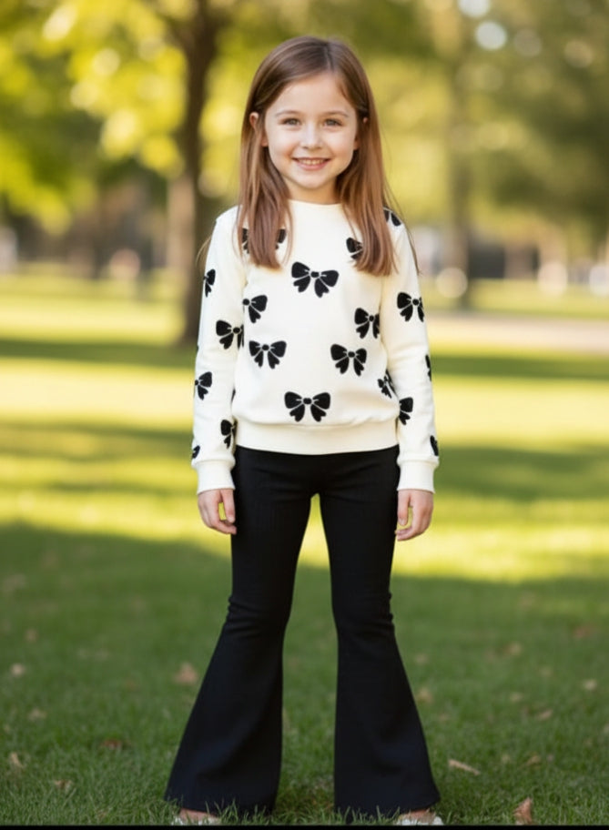 0000  Offwhite Black Bow Printed Sweatshirt With Plain Bell Bottom Tracksuit For Kids
