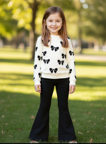 0000  Offwhite Black Bow Printed Sweatshirt With Plain Bell Bottom Tracksuit For Kids