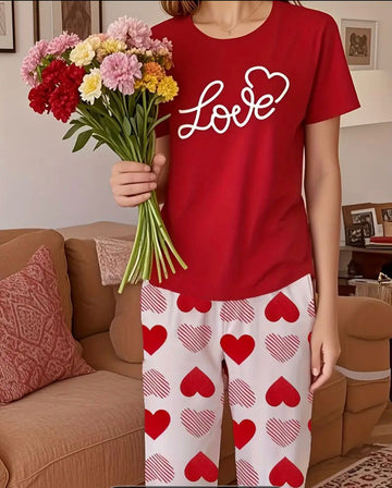 0000   Red Love Printed Half Sleeves T-shirt With Heart Printed Pajama Suit