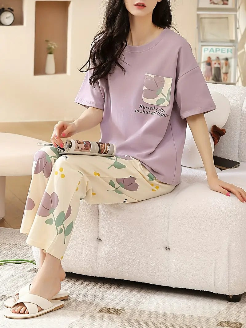 0001 Lilac Floral Pocket Printed Half Sleeves T-shirt With Floral Printed Pajama Suit