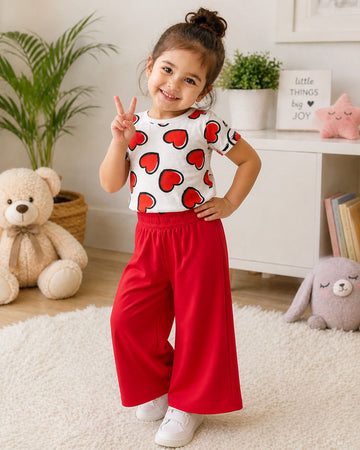 0000           Offwhite Reddish Heart Printed Half Sleeves T-shirt with Red Plain Pajama Kids Suits