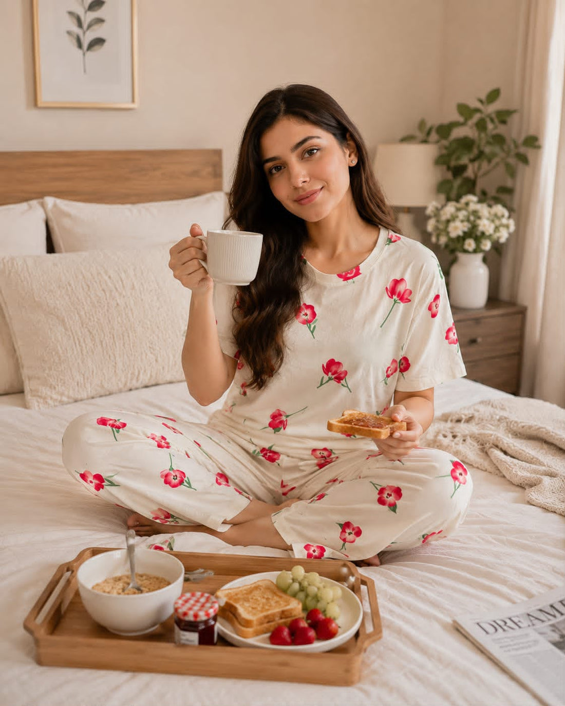 0000                   Offwhite Red Rose Printed Half Sleeves T-shirt With Rose Printed Pajama Suit