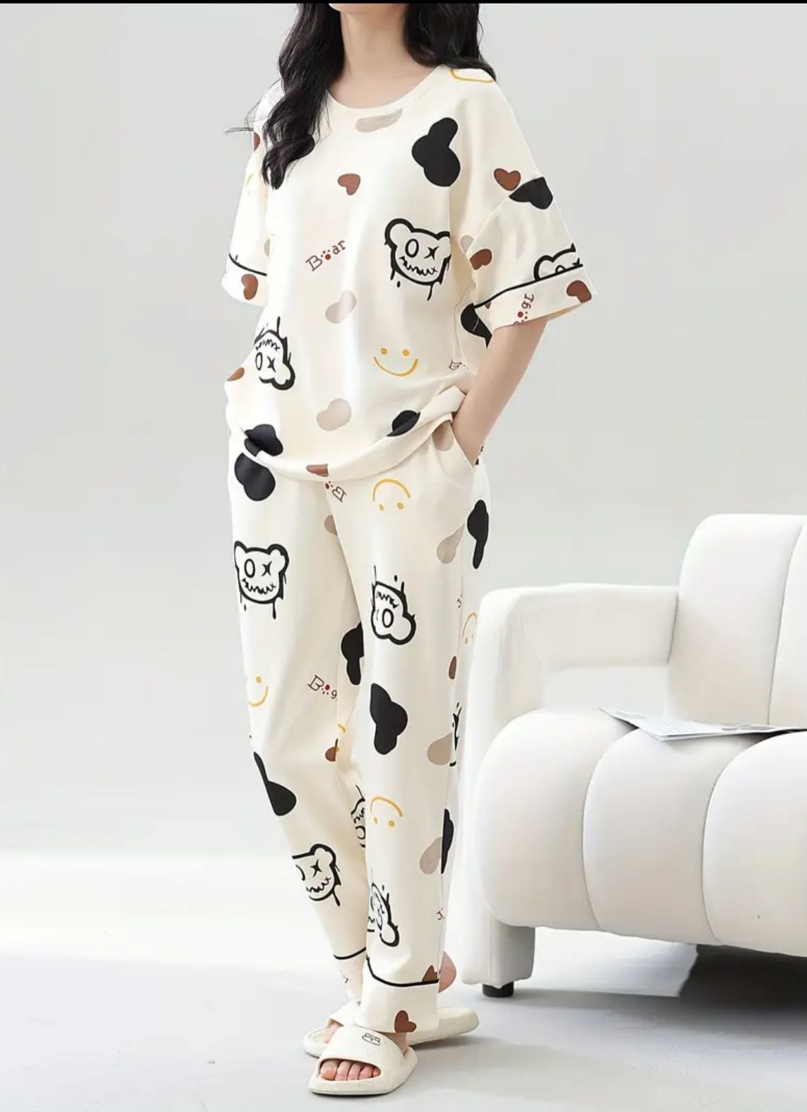 0000  Offwhite Monster Printed Half Sleeves T-shirt With Printed Pajama Suit