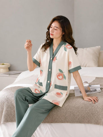 0000            Ivory Green Peach  Printed Front Button Style For Her