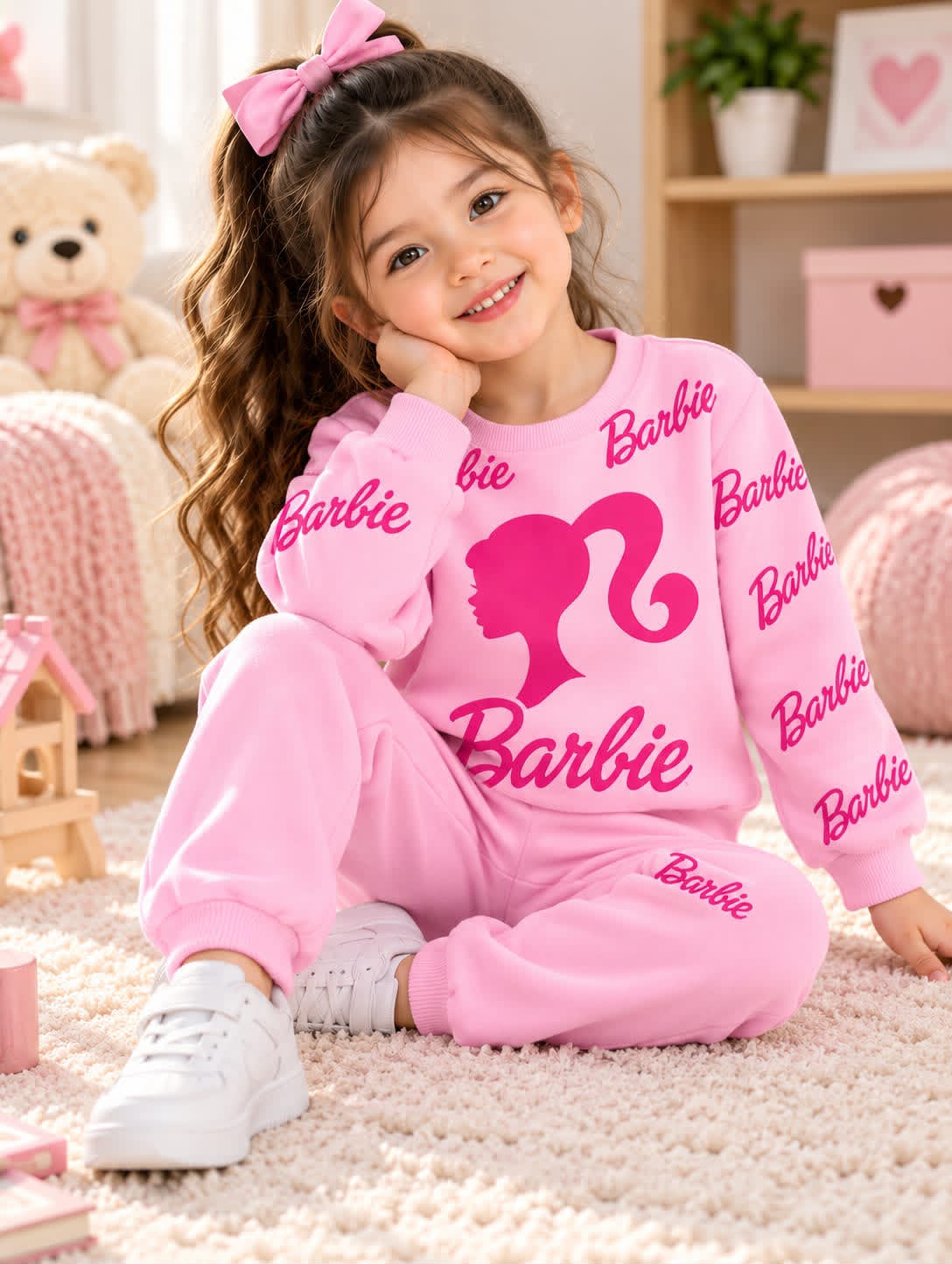 0000           Baby Pink Barbie Printed Kids Tracksuit