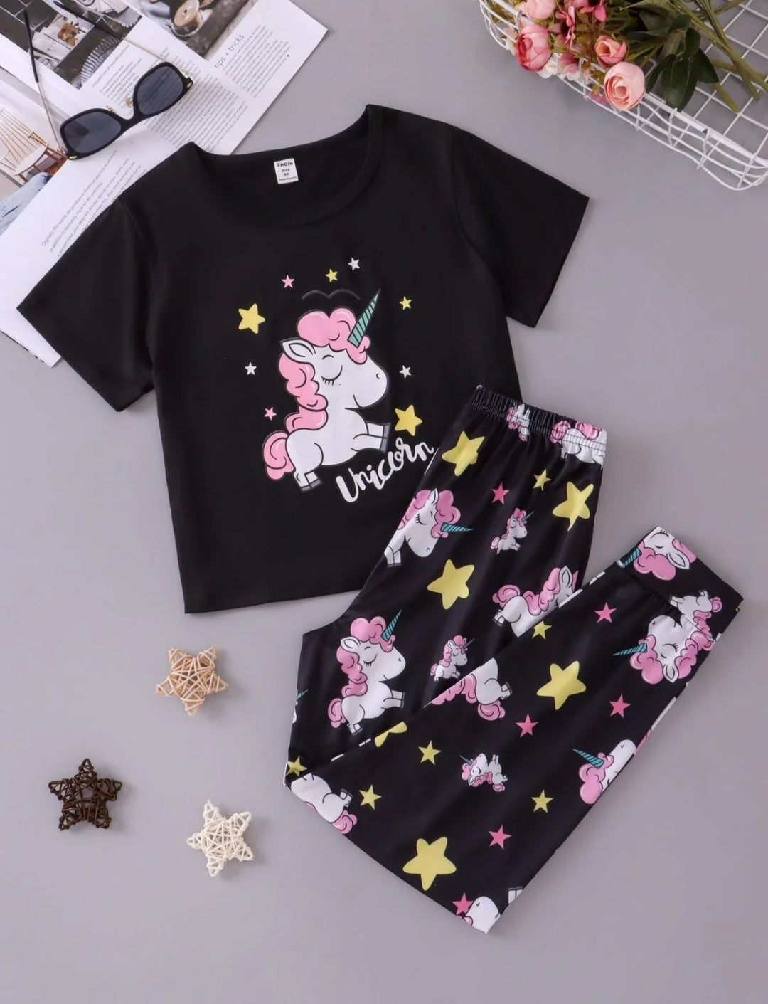 0000 Black Unicor Printed Half Sleeves T-shirt with Unicorn Printed Pajama Kids Suits