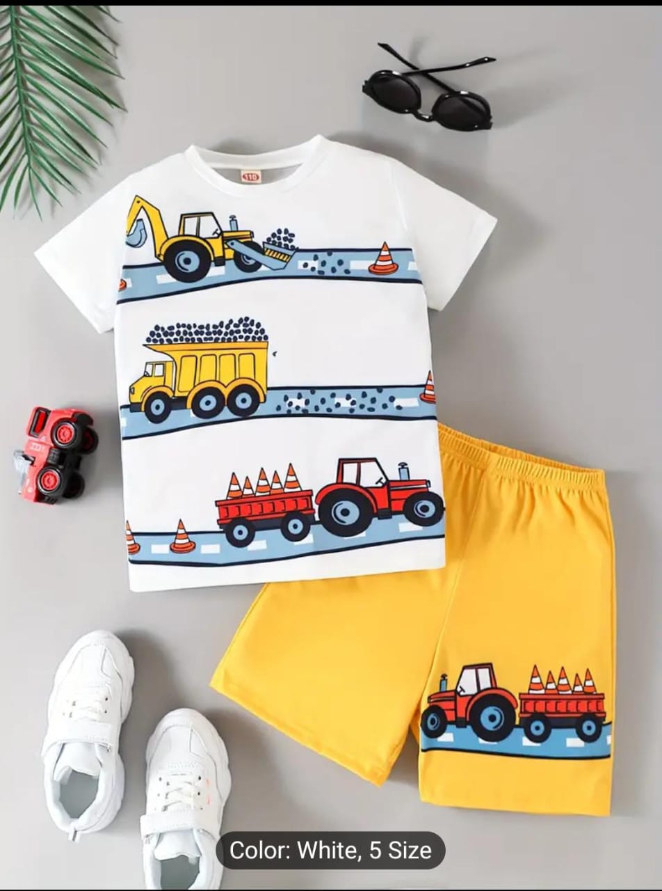 Baby or Baba White Multi Car Printed T-shirt with Yellow Printed Short for Kids Suits (1 Pcs)