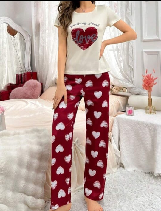 0003 Offwhite Red Love Heart Printed Half Sleeves T-shirt With Heart Printed Pajama Suit