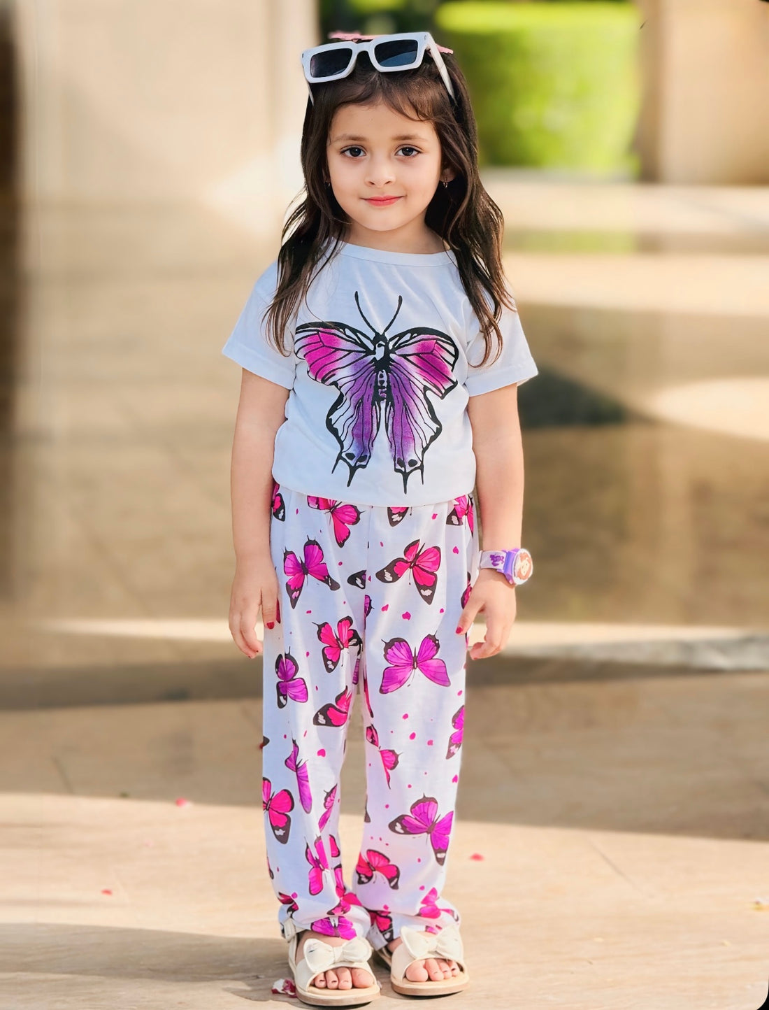 0000          Offwhite Butterfly Printed  Half Sleeves T-shirt with Butterflies Digital Printed Pajama Kids Suits