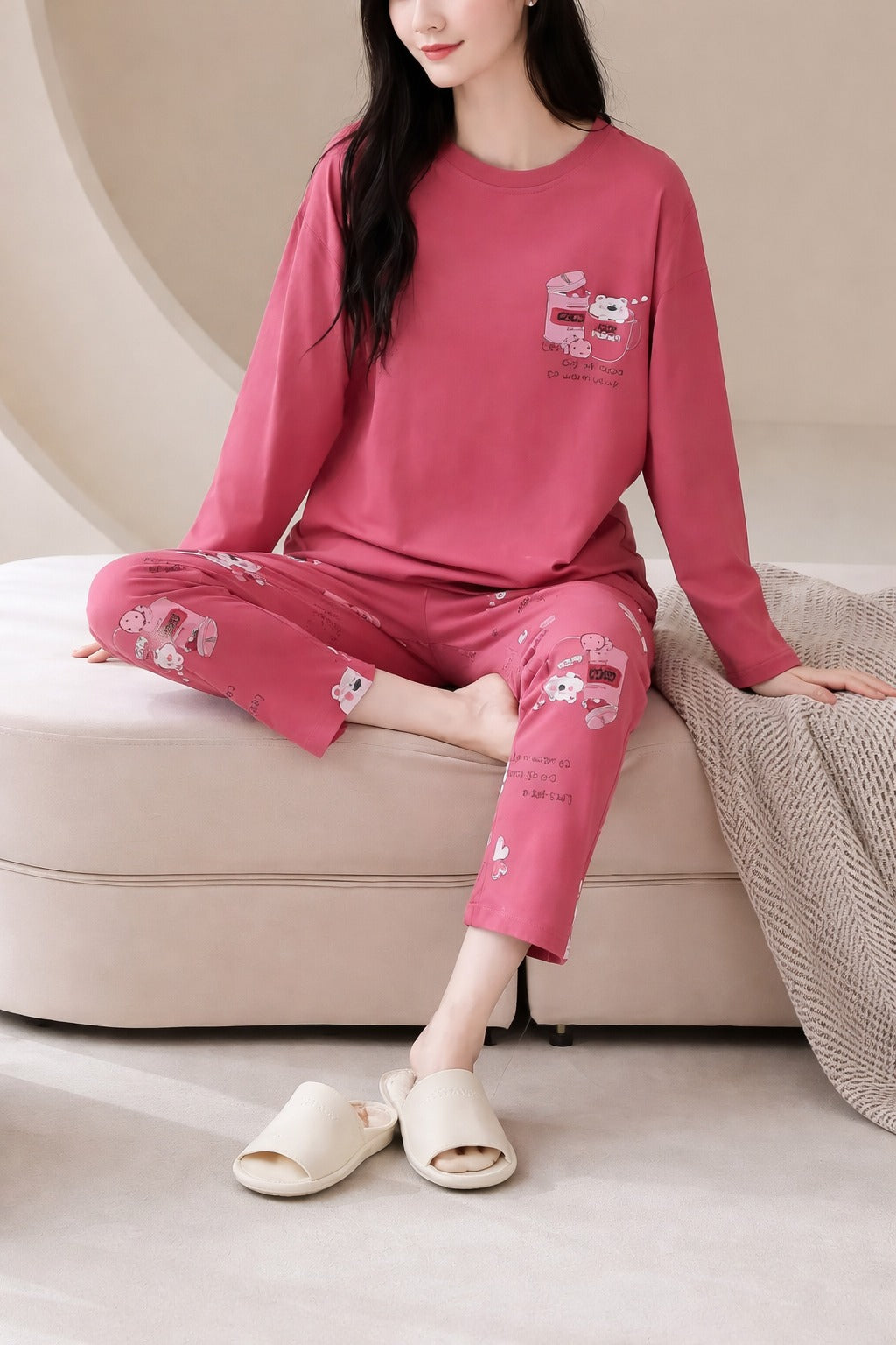 0000   Hot Pink Sleepy Cat Printed Full Sleeves T-shirt With Sleepy Cat Printed Pajama Suit