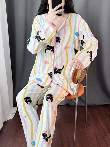 0000           Offwhite Multi Lining Cat  Printed Front Button Style For Her