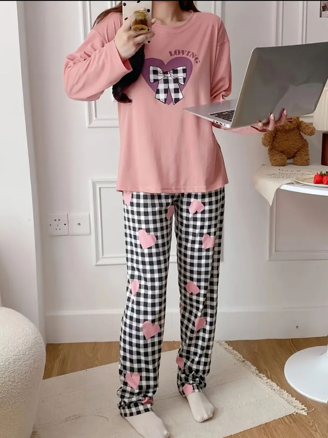 0000  Pink Check Bow Heart  Printed Full Sleeves T-shirt With Check  Printed Pajama Suit