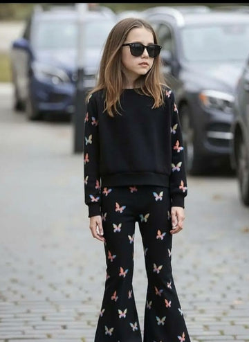 0000  Black Sleeves Butterfly Printed Sweatshirt With Butterflies Printed Fleece Trouser Tracksuit For Kids