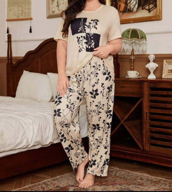0001 Skin Flower Printed Half Sleeves T-shirt With Flower Printed Pajama Suit