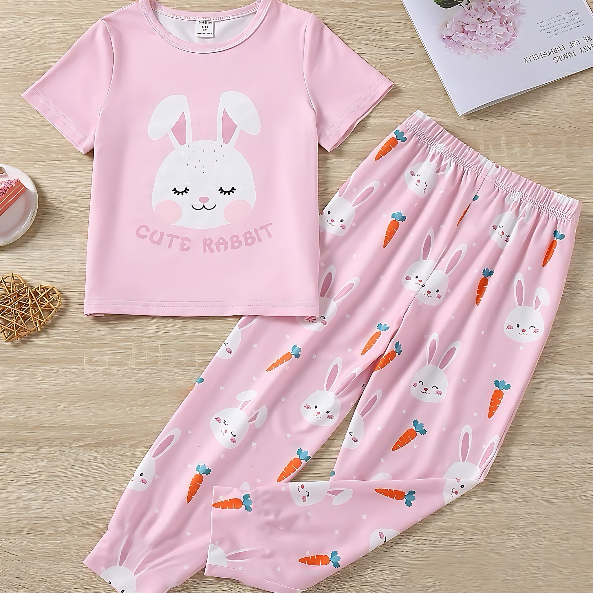 0001 Baby Pink Moon Cute Rabbit  Printed Half Sleeves T-shirt with Bear Printed Pajama Kids Suits