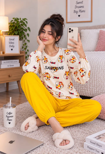 0000                   Yellow Funkey Printed Full Sleeves T-shirt With  Plain Pajama Suit