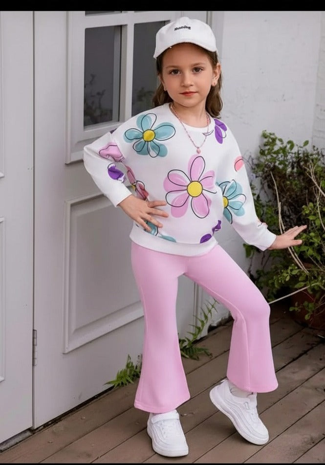 0000  Offwhite Multi Flower Printed Sweatshirt With Baby Pink Fleece Trouser Tracksuit For Kids