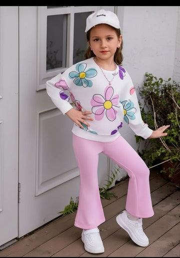 0000  Offwhite Multi Flower Printed Sweatshirt With Baby Pink Fleece Trouser Tracksuit For Kids