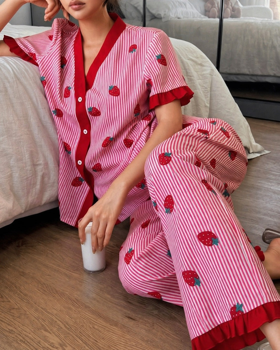 0000          Pink All Over Strawberry Printed With Pink Lining Front Button Style For Her