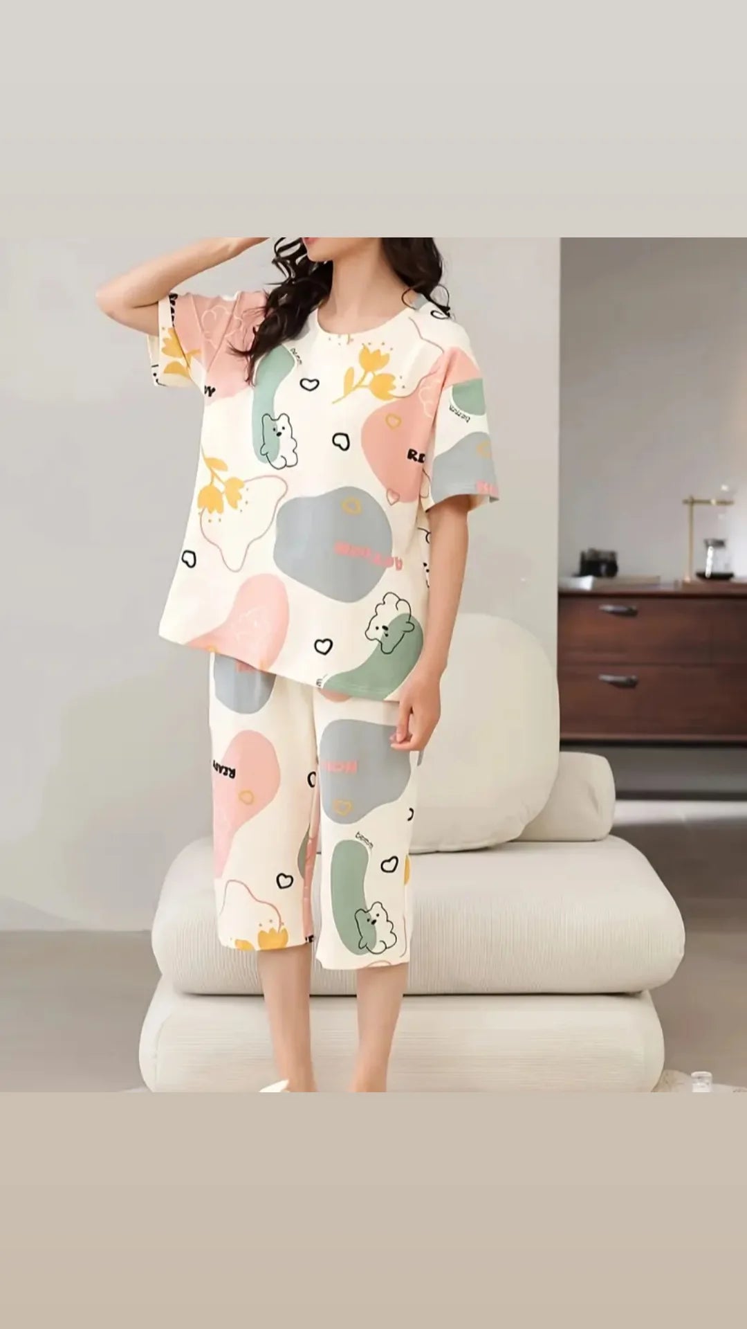 0000  Offwhite All Over Multi Printed Half Sleeves T-shirt With Printed Pajama Suit