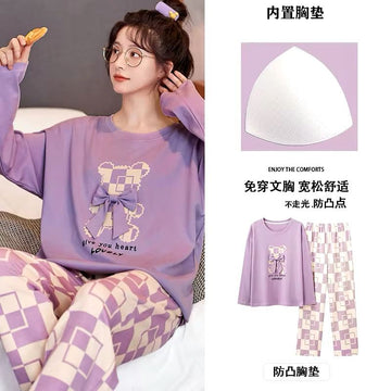 0000  Lilac Check Bear Without Bow Printed Full Sleeves T-shirt With Check Block Printed Pajama Suit