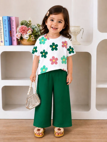 0000           Offwhite Green Flower Printed Half Sleeves T-shirt with Bottle Green Plain Pajama Kids Suits