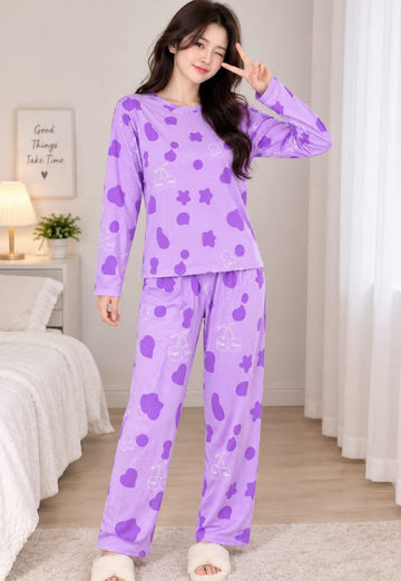 0000                   Lilac Moon Star Printed Full Sleeves T-shirt With Printed Pajama Suit