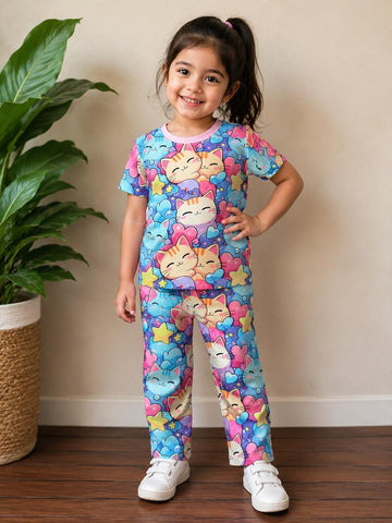 0000             All Over Cats Printed Half Sleeves T-shirt with Cats Printed  Pajama Kids Suits (Polyester)