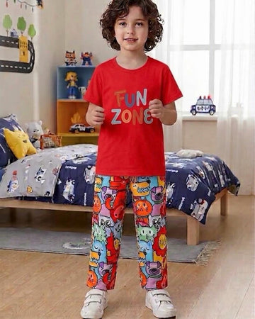 0000            Red Fun Zone Printed Half Sleeves T-shirt with Funkey Printed  Pajama Kids Suits