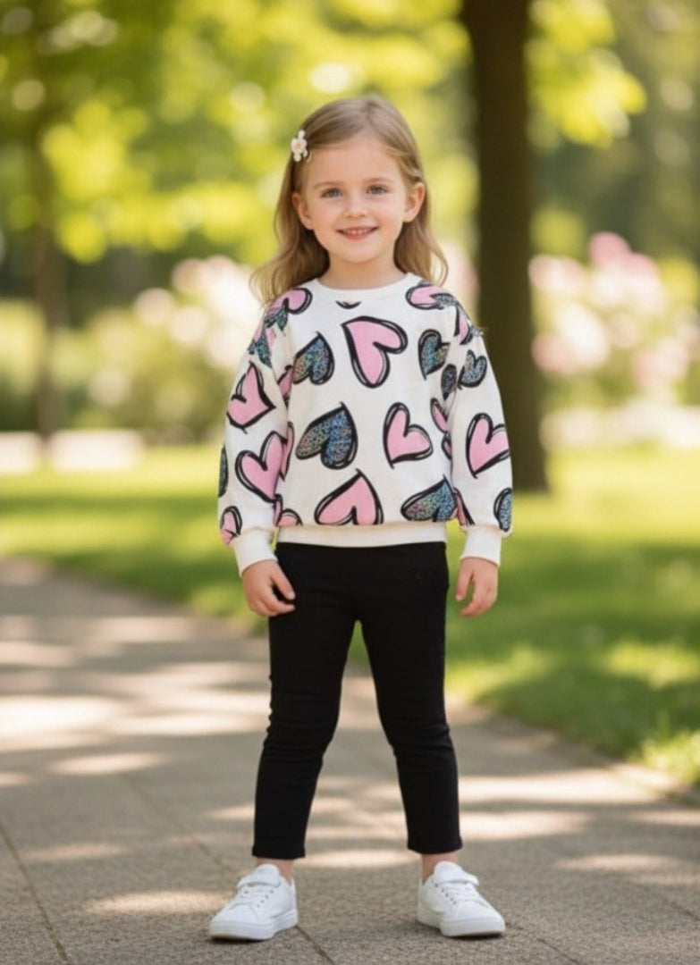 0000  Offwhite Multi Heart Printed Sweatshirt With Plain Fleece Trouser Tracksuit For Kids