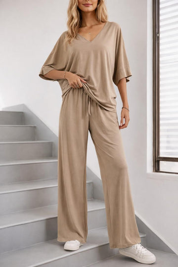 0000  Skin V-Neck Baggie Style Down Should Half Sleeves With Matching Plazzo Style Loose Trouser.