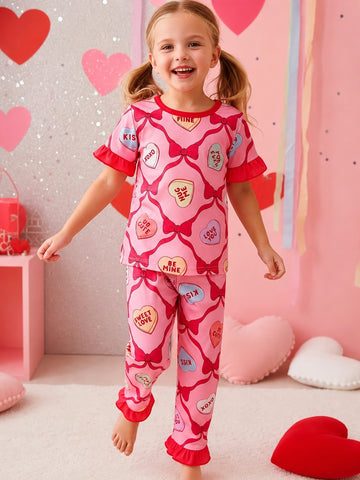 0000           Baby Pink hug me Bow Printed Half Sleeves T-shirt with Printed  Pajama Kids Suits