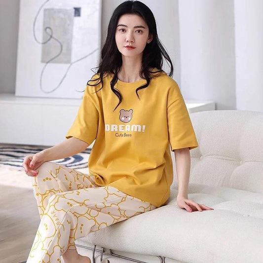 Yellow Dream Bear Half Sleeves T-shirt With Printed Pajama Suit